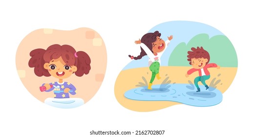 Good and bad behavior and habits of children set vector illustration. Cartoon kids jumping on dirty puddle wearing rubber boots together, girl brushing teeth isolated on white. Childhood concept