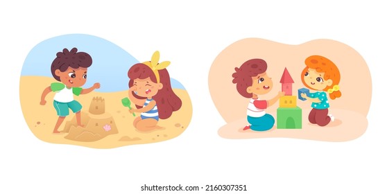 Good and bad behavior of kid set vector illustration. Cartoon bully boy destroying sand castle of crying girl, little friends building toy tower together isolated on white. Friendship, quarrel concept