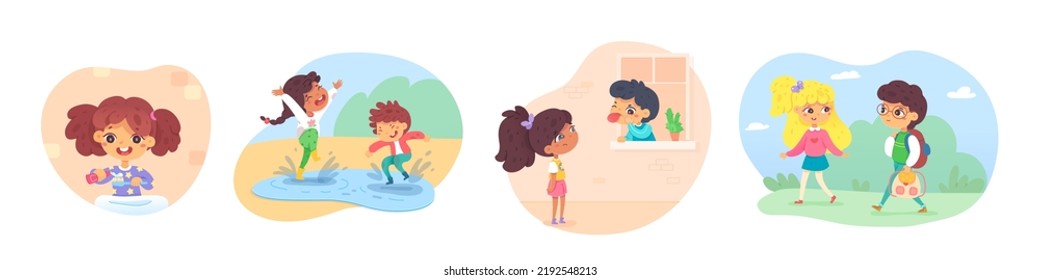 Good and bad behavior of kids set vector illustration. Cartoon scenes with naughty and obedient children, conflict and friendship of funny sister and brother or cute school friends isolated on white