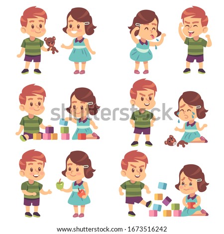 Good and bad behavior. Naughty and obedient kids, angry, aggressive bully and funny, polite manners children, cartoon vector brother and sister or best friend characters