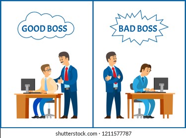 Good And Bad Boss, Comparing Attitude To Employee. Leader Supervising New Office Worker Vector. Encouragement Of Colleague And Showing Irritation