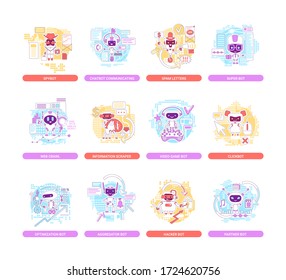 Good and bad bots thin line concept vector illustrations set. Partner, optimization, hacker robots 2D cartoon characters for web design. Information stealing software creative ideas