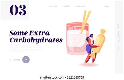 Good and Bad Carbohydrate Resources Website Landing Page. Products with High and Low Glucose Level. Woman Hold Huge Sweet near Glass with Chia Seeds Web Page Banner. Cartoon Flat Vector Illustration