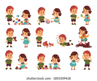 Good and bad children. Cartoon kids playing peacefully and fighting. Little girl and boy communication. Human relationship, friendship and resentment. People spend time together. Vector childhood set