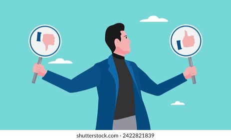 buen y mal concepto de elección, cosas que están prohibidas y permitidas en el mundo del trabajo, reglas para lograr el éxito de los negocios, empresario inteligente sujetando el pulgar de advertencia hacia arriba y abajo el signo
