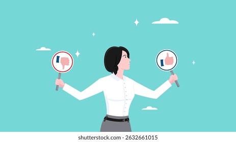 good and bad choice concept, Things that are prohibited and permitted in the world of work, rules for achieving business success, smart businesswoman holding waring thumb up and thumb down sign