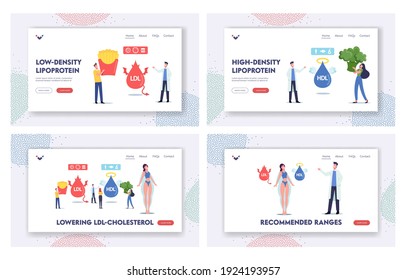 Good and Bad Cholesterol Landing Page Template Set. Tiny Characters with Products Contain Hdl and Ldl Fats as Reason of Obesity and Diseases. Devil and Angel Lipids. Cartoon People Vector Illustration