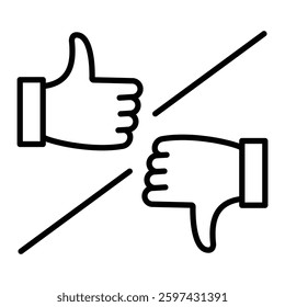 Good and bad comparison symbol with thumbs up and thumbs down separated by a divider, representing evaluation, approval versus rejection, feedback, and decision making.