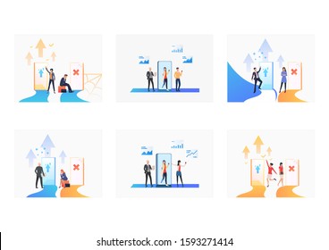 Good and bad connection set. Tiny users, download arrows and cancel cross on phone screens. Flat vector illustrations. Communication, internet concept for banner, website design or landing web page