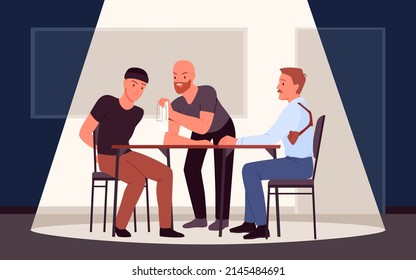 Good and bad cop, criminal interrogation method vector illustration. Cartoon detectives interrogate suspicious, meeting of police officers and prisoner with handcuffs in interrogation room background