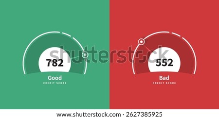 Good and bad credit score scale gauge for digital survey vector. Good and Bad meter. Credit rating history report. Vector illustration. Business performance level check.