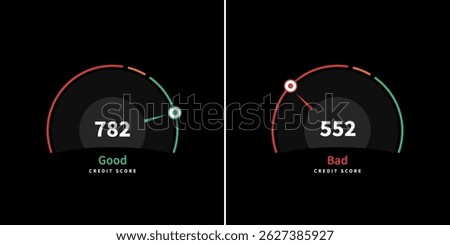 Good and bad credit score scale gauge for digital survey vector. Good and Bad meter. Credit rating history report. Vector illustration. Business performance level check.