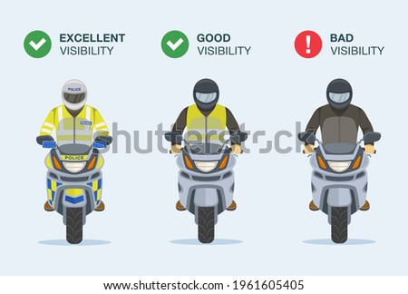 Good, bad and excellent visibility of motorcycle rider on road. Front view of isolated bikers. Flat vector illustration template.