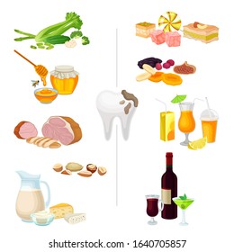 Good and Bad Food for Healthy Teeth Vector Illustration with Tooth Image in the Middle and Products all Around