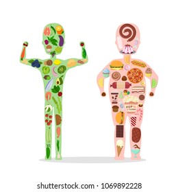 Good and bad food. Man silhouette with healthy and junk food.