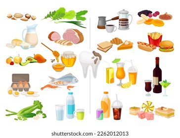 Gute und schlechte Ernährung für Zähne Gesundheitsfürsorge Big Vector Set