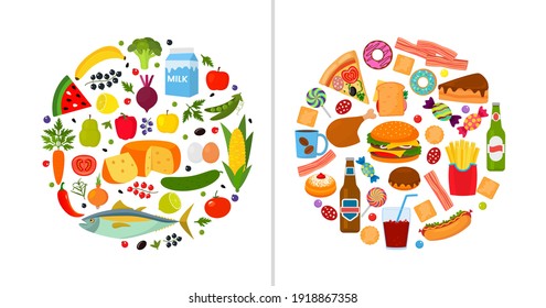gutes und schlechtes Essen. Gemüse, Obst, Milch, Fisch und ungesunde Fast Food Hamburger, Soda, Hühnerfritten, Kuchen und Süßigkeiten. Konzept der Wahl und des Lebensstils. Vektorgrafik