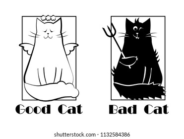 Good and bad funny cats icons. Black and white design, vector illustration.