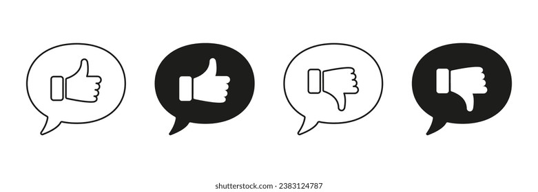 Good and Bad Gestures in Speech Bubble Symbols. Thumb Up and Down Line and Silhouette Icon Set. Social Media Black Sign Collection. Like and Dislike Pictogram. Isolated Vector Illustration.