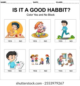 Good and Bad Habits Educational Worksheet for Kids. The worksheet features colorful illustrations, clear instructions, and space for customization (e.g., name, date, and class)