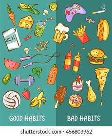 Good and bad habits. Healthy and harmful products set. Healthy lifestyle versus unhealthy. Vector illustrations for diet and nutrition, weight loss, sport and fitness articles, banners, posters