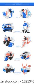 Good and bad habits of life, changing daily routine on healthy lifestyle. Drinking pure water, walking more, eating vegetables and fruits, running and waking up early. Activity transformation vector