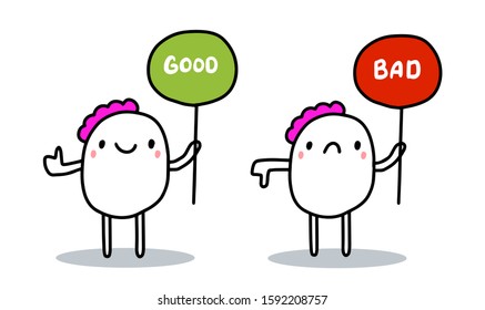 Good bad hand drawn vector illustration in cartoon comic style man holding words green red