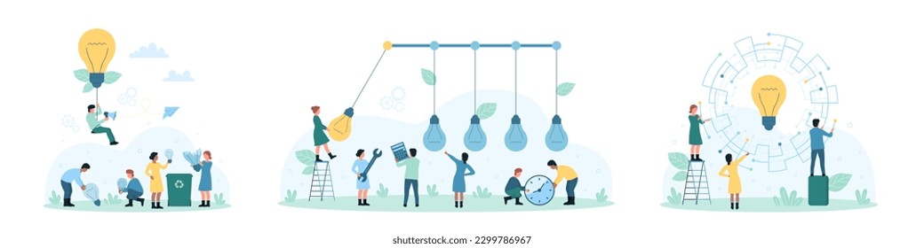 Good and bad ideas, leadership set vector illustration. Cartoon tiny people people collect broken light bulbs in trash can, work on circuit connection, leader with bright lamp solving business problem