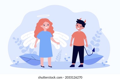 Good And Bad Kids Flat Vector Illustration. Little Boy With Horns And Tail, And Girl With Wings And Halo, In Image Of Angel And Devil. Contrast, Behavior, Character, Halloween, Good And Evil Concept