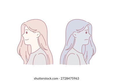 Good or bad mood concept. Profile portraits of smiling positive happy girl and gloomy depressed with negative thoughts vector illustration