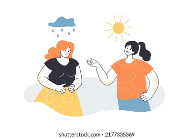 Good and bad mood of girl in rain and sunny weather. Female character thinking as optimist or pessimist flat vector illustration. Psychology concept for banner, website design or landing web page