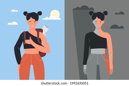 Good and bad mood of girl student vector illustration. Cartoon happy positive female character showing okay gesture, standing in sunny weather, unhappy sad depressed young woman under rain background