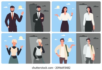 Good or bad mood set vector illustration. Cartoon sad unhappy business people, student standing under rain clouds, happy characters under sun, negative positive emotions before and after psychotherapy