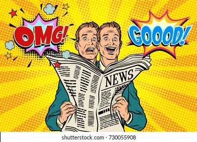 Good and bad newspaper news, the reaction of men. Pop art retro vector illustration