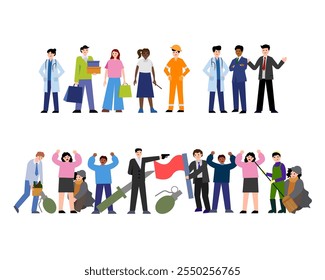 Good and bad people. People, different strata of the population. Vector simple color flat illustration.