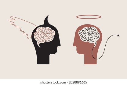 Good and bad person, conscience. Angel and devil concept. Abstract human head, ulterior motives. Vector illustration