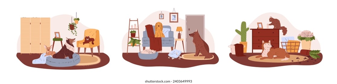 Good and bad pets behavior in cozy home, apartment. Damaged pillow on the floor, turned plant pot. Cartoon vector isolated illustrations set of pets, cats or dogs surprise awaits the owner