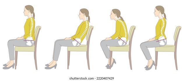 Good and bad posture of a woman sitting on a chair