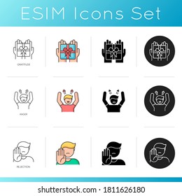 Good and bad qualities icons set. Rejection, feelings of gratitude and anger. Linear, black and RGB color styles. Good manners, stress management and refusal gesture. Isolated vector illustrations