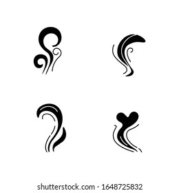 Good and bad smell black glyph icons set on white space. Stinky odor. Heart shape fluid, perfume scent. Stench, smog. Smoke stream, fume swirls. Silhouette symbols. Vector isolated illustration