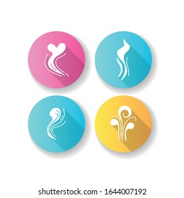 Good and bad smell flat design long shadow glyph icons set. Stinky odor. Heart shape fluid, perfume scent. Aromatic fragrance curves. Smoke stream, fume swirls. Silhouette RGB color illustration