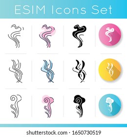 Good and bad smell icons set. Stinky odor. Heart shape fluid, perfume scent. Aromatic fragrance curves. Smoke stream, fume swirls. Linear, black and RGB color styles. Isolated vector illustrations