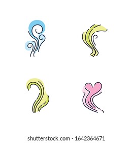 Good and bad smell RGB color icons set. Stinky odor. Heart shape fluid, perfume scent. Stench, smog. Aromatic fragrance curves. Smoke stream, fume swirls. Isolated vector illustrations