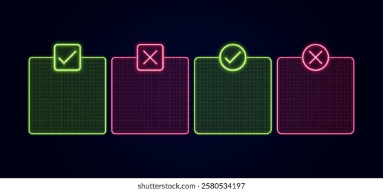 Good or bad symbols text boxes, empty frames layout, bright neon visuals.