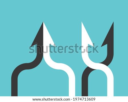 Good, bad teamwork. Black and white halves merging and forming arrow. Partnership, merger, win-win and mutual benefit concept. Flat design. Vector illustration, no transparency, no gradients