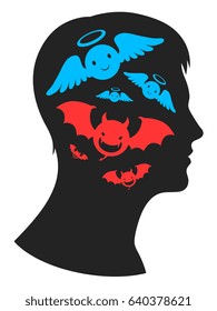 Good and bad thoughts in human`s head. 