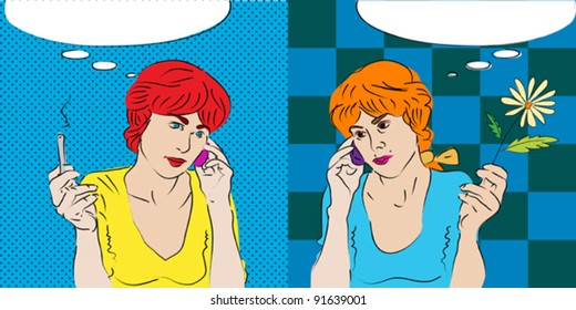 the good and the bad twins talking on the phone, gemini horoscope sign pop art composition