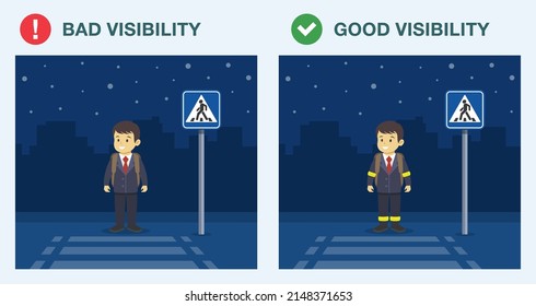 Good and bad visibility. Pedestrian road safety rules. School boy about to cross the road at night. Young kid wearing reflective bracelets. Flat vector illustration template.