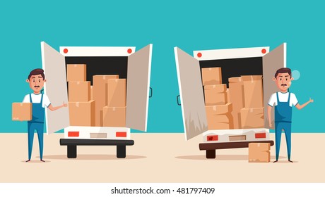 Good And Bad Workers In Uniform. Moving With Boxes. Boxes With Things. Transport Company. Service. Moving Van. Cartoon Vector Illustration