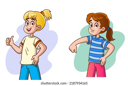 Good and bad.cute girl child shows gesture of approval and approval.Like and love.Vector illustration in cartoon style.